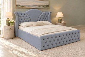 Pat tapițat Chesterfield din catifea Velora 160×200 cm, gri deschis, cu ladă de depozitare