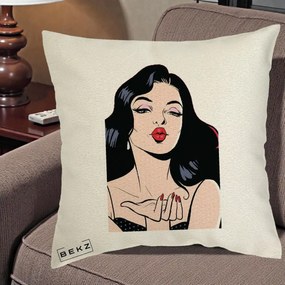 Perna Decorativa Femeie Pop-Art Kiss, 40x40 cm, Ecru, Husa Detasabila, Perna Inclusa, BEKZ®