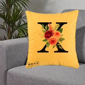 Cadou Personalizat - Perna Personalizata Monograma Florala Litera X cu Buchet, 40x40 cm, Galben, Husa Detasabila, Perna Inclusa, BEKZ®