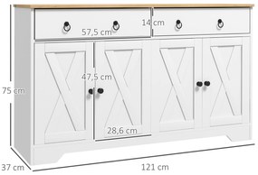 HOMCOM Bufet mobilier de depozitare dulap de bucătărie stil rustic 2 sertare și 2 dulapuri rafturi la înălțimi reglabile alb | Aosom Romania