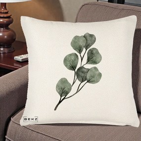 Perna Decorativa Ramura Eucalipt Acuarela, 40x40 cm, Crem Reliefat, Husa Detasabila, Perna Inclusa, BEKZ®
