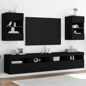 837081 vidaXL Comode TV de perete cu lumini LED, 2 buc., negru, 40x30x60,5 cm