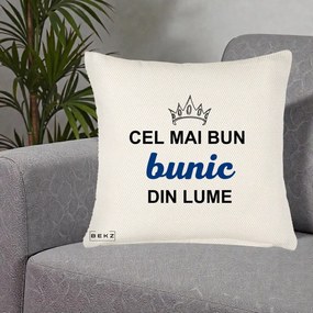 Cadou pentru Bunic - Perna Personalizata Cel Mai Bun Bunic Din Lume Coroana Albastra, 40x40 cm, Crem Reliefat, Husa Detasabila, Perna Inclusa, BEKZ®