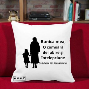 Cadou pentru Bunica - Perna Personalizata Bunica Mea Comoara Iubire Intelepciune Silueta, 40x40 cm, Alba Mata, Husa Detasabila, Perna Inclusa, BEKZ®