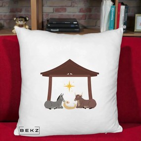 Perna Decorativa Ieslea din Betleem cu Iesle Asin si Bou, 40x40 cm, Alb Pufos, Husa Detasabila, Perna Inclusa, BEKZ®