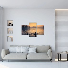 Tablou cu lebăde pe apă în ceață (90x60 cm)