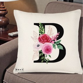 Cadou Personalizat - Perna Personalizata Monograma Florala Litera B, 40x40 cm, Crem Reliefat, Husa Detasabila, Perna Inclusa, BEKZ®