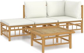 vidaXL Set mobilier de grădină, cu perne alb crem, 4 piese, bambus