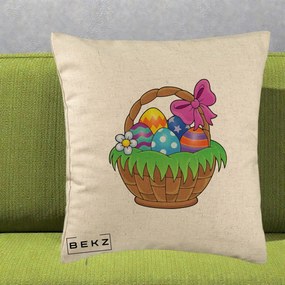 Perna Decorativa Cos cu Oua de Pasti Colorat, 40x40 cm, Bej, Husa Detasabila, Perna Inclusa, BEKZ®