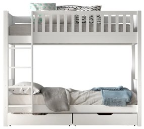 Pat supraetajat pentru copii SCOTT, alb, 90 x 200 cm, din pin scandinav și MDF, cu somiere incluse și 2 sertare pentru depozitare – Vipack