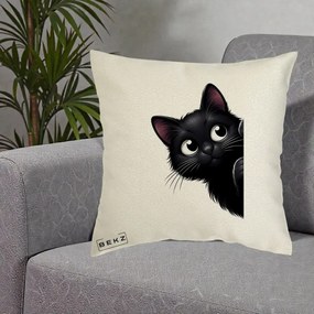 Perna Decorativa Pisica Neagra Dragalasa Curioasa, 40x40 cm, Ecru, Husa Detasabila, Perna Inclusa, BEKZ®