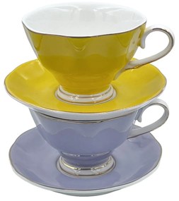Set 2 Cesti cu farfurii pentru cafea si ceai, Portelan, Galben cu Lila, 200 ml
