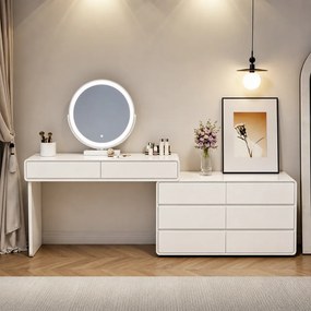 Set AUDREY ELEGANCE – Set Masă de toaletă pentru machiaj cu Oglindă iluminată LED, Control Touch, Comodă, Scaun, Alb