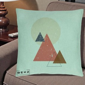 Perna Decorativa Geometric Munti si Soare, 40x40 cm, Verde Menta, Husa Detasabila, Perna Inclusa, BEKZ®