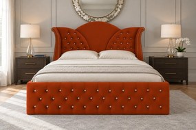 Pat tapițat Chesterfield din catifea Velora Cristal 140×200 cm, cărămiziu, cu ladă de depozitare