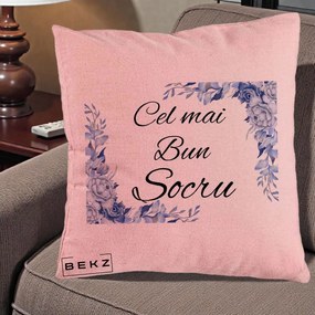 Cadou pentru Socru - Perna Personalizata Cel mai Bun Socru cu Flori Albastre Acuarela, 40x40 cm, Roz, Husa Detasabila, Perna Inclusa, BEKZ®