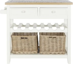 Consolă hol shabby chic din lemn de paulownia, alb, cu 2 sertare, raft pentru sticle, raft jos și blat gri, 80,5 x 88 x 38 cm, „Vinara”