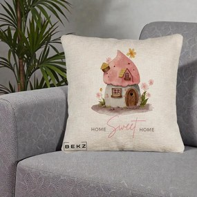 Perna Decorativa Home Sweet Home Casuta, 40x40 cm, Bej Canapea, Husa Detasabila, Perna Inclusa, BEKZ®