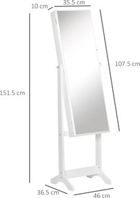 HOMCOM Oglindă Portbijuterii, Dulap Portbijuterii cu Unghi Reglabil, Organizator pentru Inele, Coliere, Cercei, Încuietoare cu Cheie, pentru Dormitor, Living, 46x36.5x151.5cm, Alb | Aosom Romania