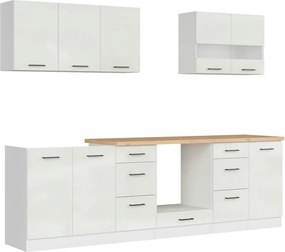 Set bucatarie JUNONA LINE, alb lucios, PAL, 260 cm, cu blat stejar art