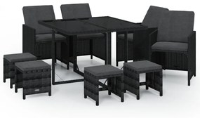 Set mobilier de gradina cu perne, 9 piese, negru, poliratan Negru, Lungime masa 109 cm, 4x fotoliu + 4x suport pentru picioare + masa, 1