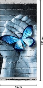 Fototapet pentru ușă - Fluture albastru pe perete (95x205cm)