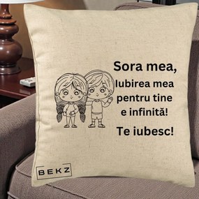 Cadou pentru Sora - Perna Personalizata Sora Mea Te Iubesc Copii Anime Line Art, 40x40 cm, Bej, Husa Detasabila, Perna Inclusa, BEKZ®