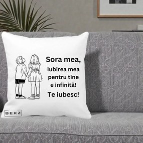 Cadou pentru Sora - Perna Personalizata Sora Mea Te Iubesc Copii Tinand Maini Line Art, 40x40 cm, Alba Mata, Husa Detasabila, Perna Inclusa, BEKZ®