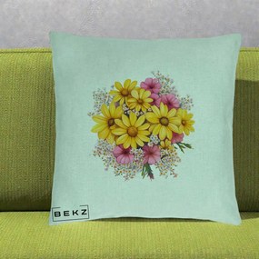 Perna Decorativa Floarea-Soarelui cu Cosmos Roz si Gypsophila, 40x40 cm, Verde Menta, Husa Detasabila, Perna Inclusa, BEKZ®