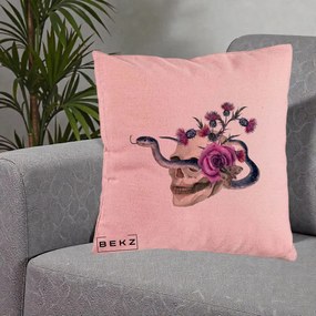 Perna Decorativa Craniu cu Sarpe si Trandafiri Gothic, 40x40 cm, Roz, Husa Detasabila, Perna Inclusa, BEKZ®