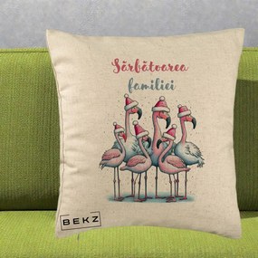 Perna Decorativa Flamingo Craciun Sarbatoarea Familiei, 40x40 cm, Bej, Husa Detasabila, Perna Inclusa, BEKZ®