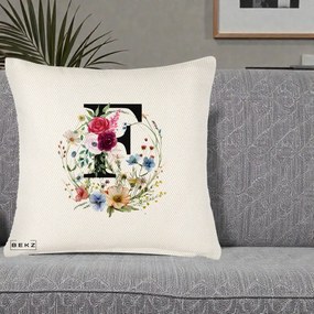 Cadou Personalizat - Perna Personalizata Monogram Litera F cu Flori Acuarela, 40x40 cm, Crem Reliefat, Husa Detasabila, Perna Inclusa, BEKZ®