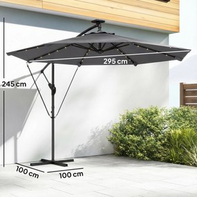 Outsunny Umbrelă Excentrică cu Lumină LED Solară 330x295 cm Umbrelă cu Bază Încrucișată Manivelă Husă Protectoare Gri Închis | Aosom Romania