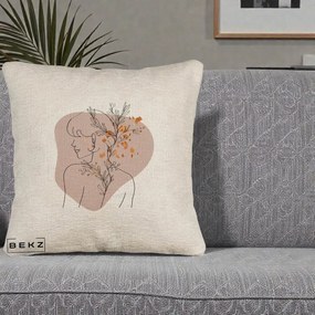 Perna Decorativa Femeie cu Flori Line Art Boho, 40x40 cm, Bej Canapea, Husa Detasabila, Perna Inclusa, BEKZ®