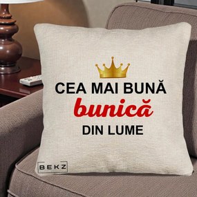 Cadou pentru Bunica - Perna Personalizata Cea Mai Buna Bunica Din Lume Coroana Aurie, 40x40 cm, Bej Canapea, Husa Detasabila, Perna Inclusa, BEKZ®