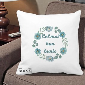 Cadou pentru Bunic - Perna Personalizata Cel Mai Bun Bunic Coronita Flori Albastre Teal, 40x40 cm, Alba Mata, Husa Detasabila, Perna Inclusa, BEKZ®