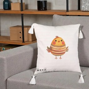 Perna Decorativa Pui Kawaii Portocaliu Dungi Calde, 40x40 cm, Bej cu Franjuri, Husa Detasabila, Perna Inclusa, BEKZ®