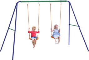 Outsunny Set de leagan pentru copii, Cadru metalic de leagan pentru exterior cu scaune duble de leagan, tarusi de sol
