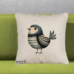 Perna Decorativa Pasare Teal Decorativa Dungata, 40x40 cm, Bej Canapea, Husa Detasabila, Perna Inclusa, BEKZ®