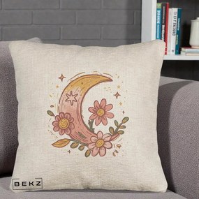 Perna Decorativa Luna Florala Boho, 40x40 cm, Bej Canapea, Husa Detasabila, Perna Inclusa, BEKZ®