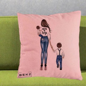 Cadou pentru Mama - Perna Personalizata Mom of Boys Mama cu Baietii, 40x40 cm, Roz, Husa Detasabila, Perna Inclusa, BEKZ®