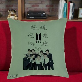 Perna Personalizata K-pop BTS Autografe Toti Membrii cu Fotografie, 40x40 cm, Verde, Husa Detasabila, Perna Inclusa, BEKZ®