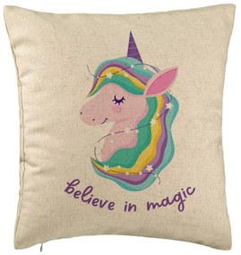 Perna Decorativa, Model Unicorns Believe in Magic, 40x40 cm, Bej, Husa Detasabila, Burduf