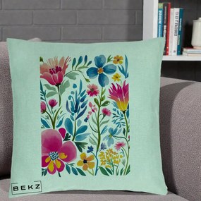 Perna Decorativa Gradina Florala Acuarela Colorata, 40x40 cm, Verde Menta, Husa Detasabila, Perna Inclusa, BEKZ®
