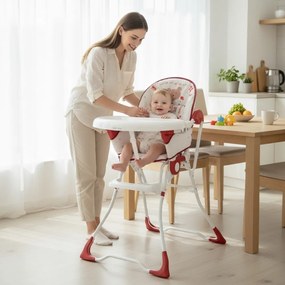 Scaun de masa pentru copii si bebe Baby Care™ CH ,Pliabil, Centura de siguranta, Sezut comfortabil, Masuta detasabila, Model Ursulet , Rosu cu Alb