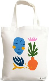 Sacosa de Panza pentru Cumparaturi, Geanta Tote, model Forms and Faces, 38x34.5 cm, Alba, BEKZ®