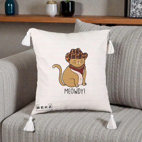 Perna Decorativa Pisica Cowboy Meowdy, 40x40 cm, Bej cu Franjuri, Husa Detasabila, Perna Inclusa, BEKZ®