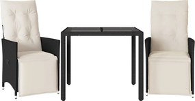 vidaXL Set bistro cu perne, 3 piese, negru, poliratan