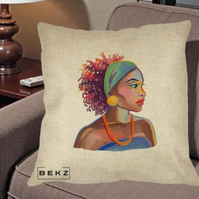 Perna Decorativa Portret Femeie Urbana Acuarela, 40x40 cm, Crem, Husa Detasabila, Perna Inclusa, BEKZ®