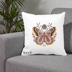 Perna Decorativa Fluture Boho Floral, 40x40 cm, Alba Mata, Husa Detasabila, Perna Inclusa, BEKZ®